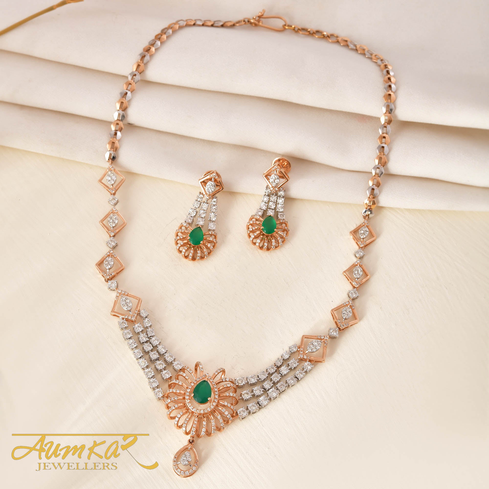 Classic Charm: Green Stone Necklace With Miracle-Set Round Diamonds For Traditional Attire