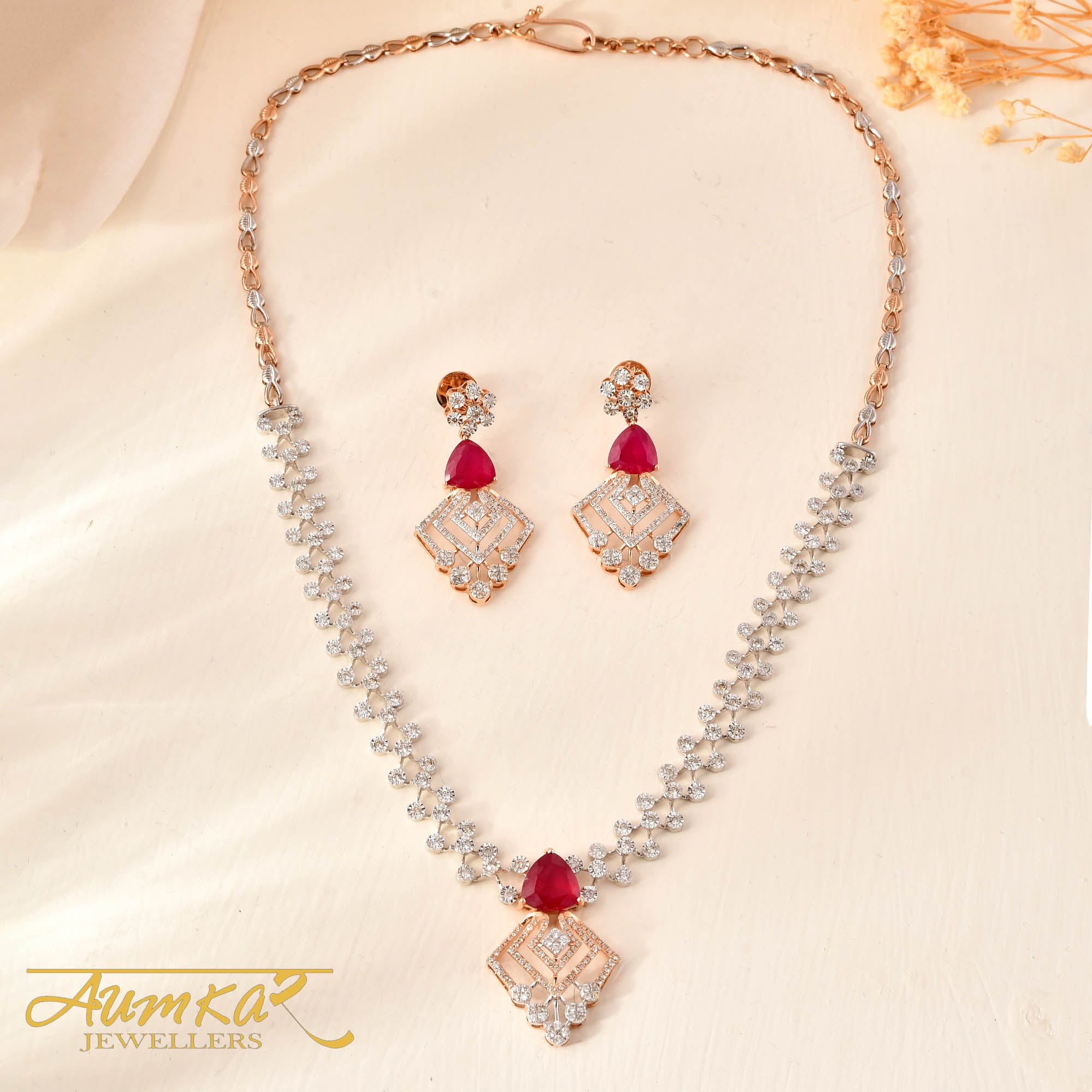 Royal Red: Exquisite Red Stone Necklace With Round Diamonds In Miracle Setting