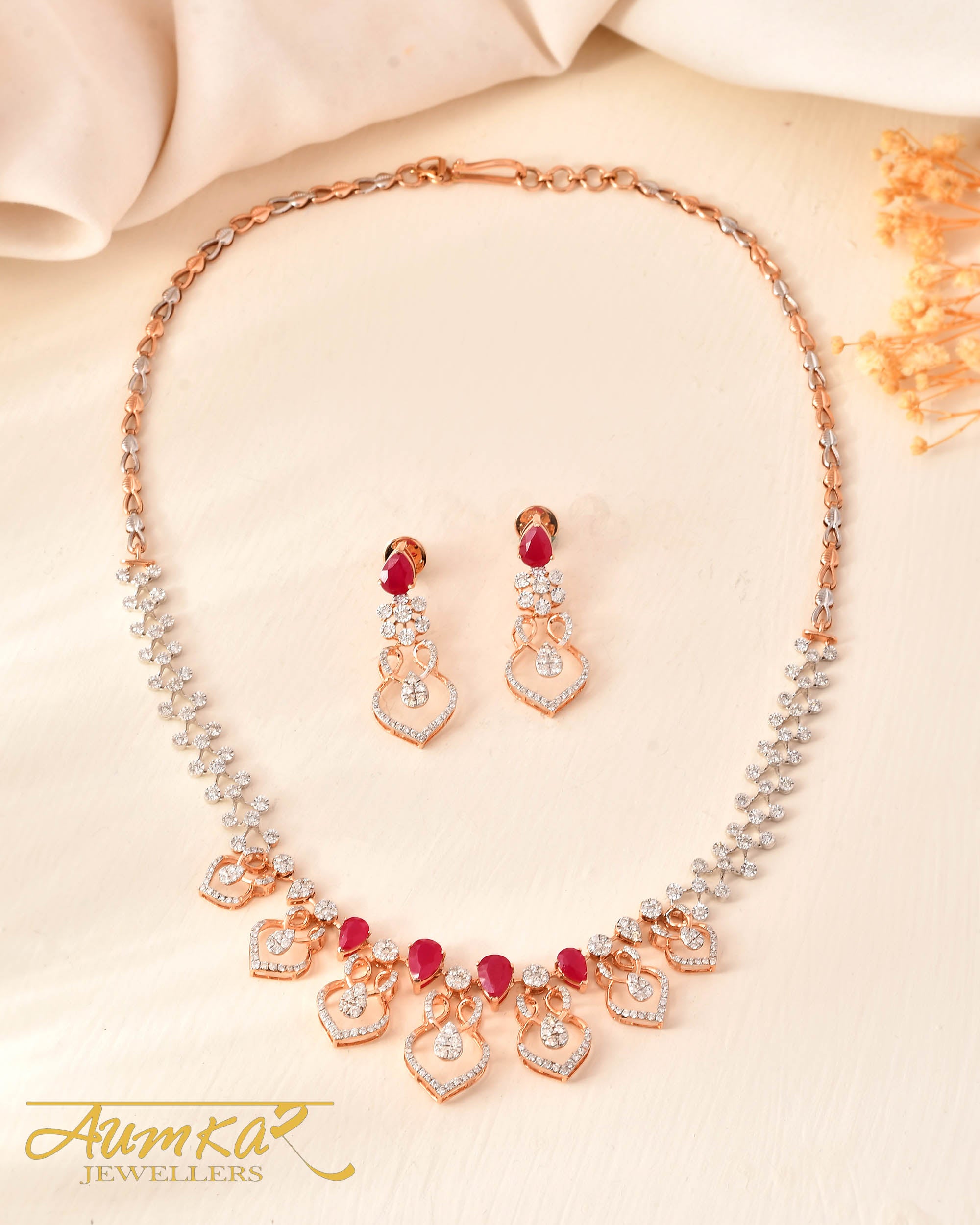 Scarlet Serenity: Designer Red Stone Diamond Necklace For Your Wedding Day