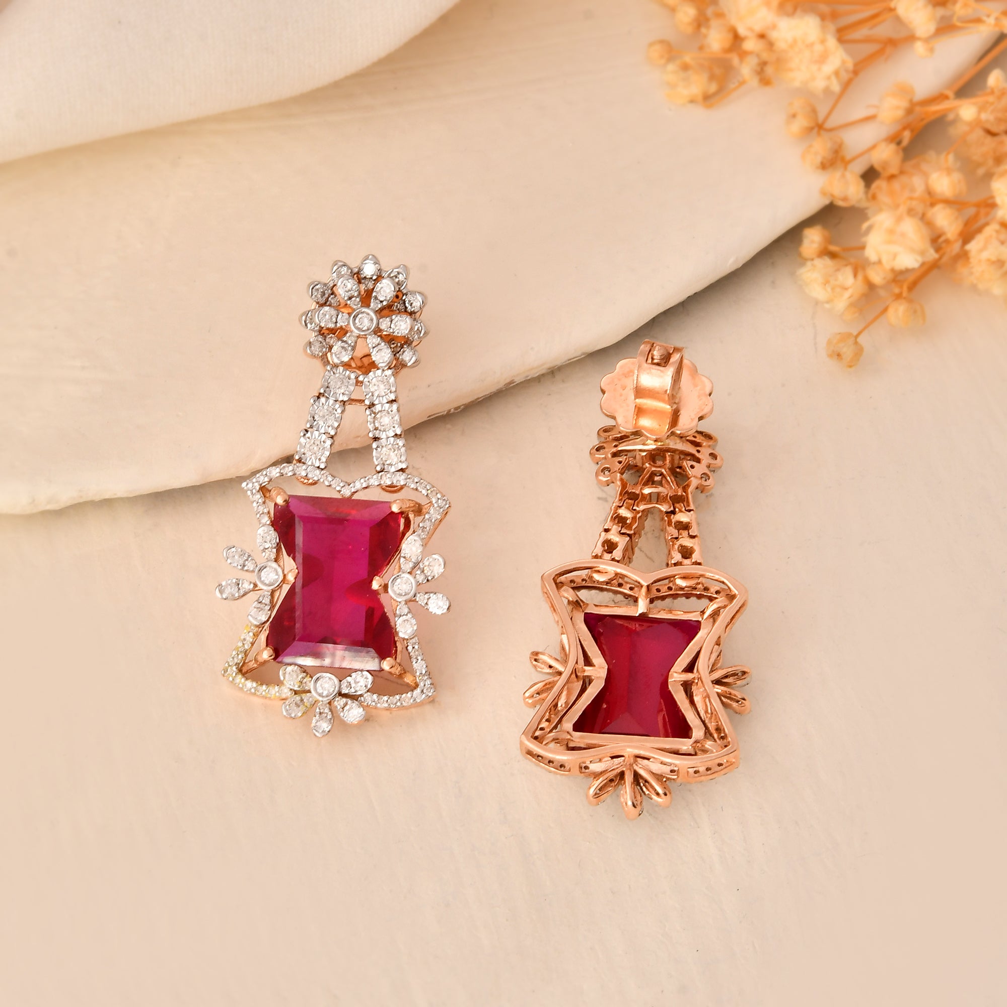 Blazing Ruby Elegance : Round Diamond Danglers